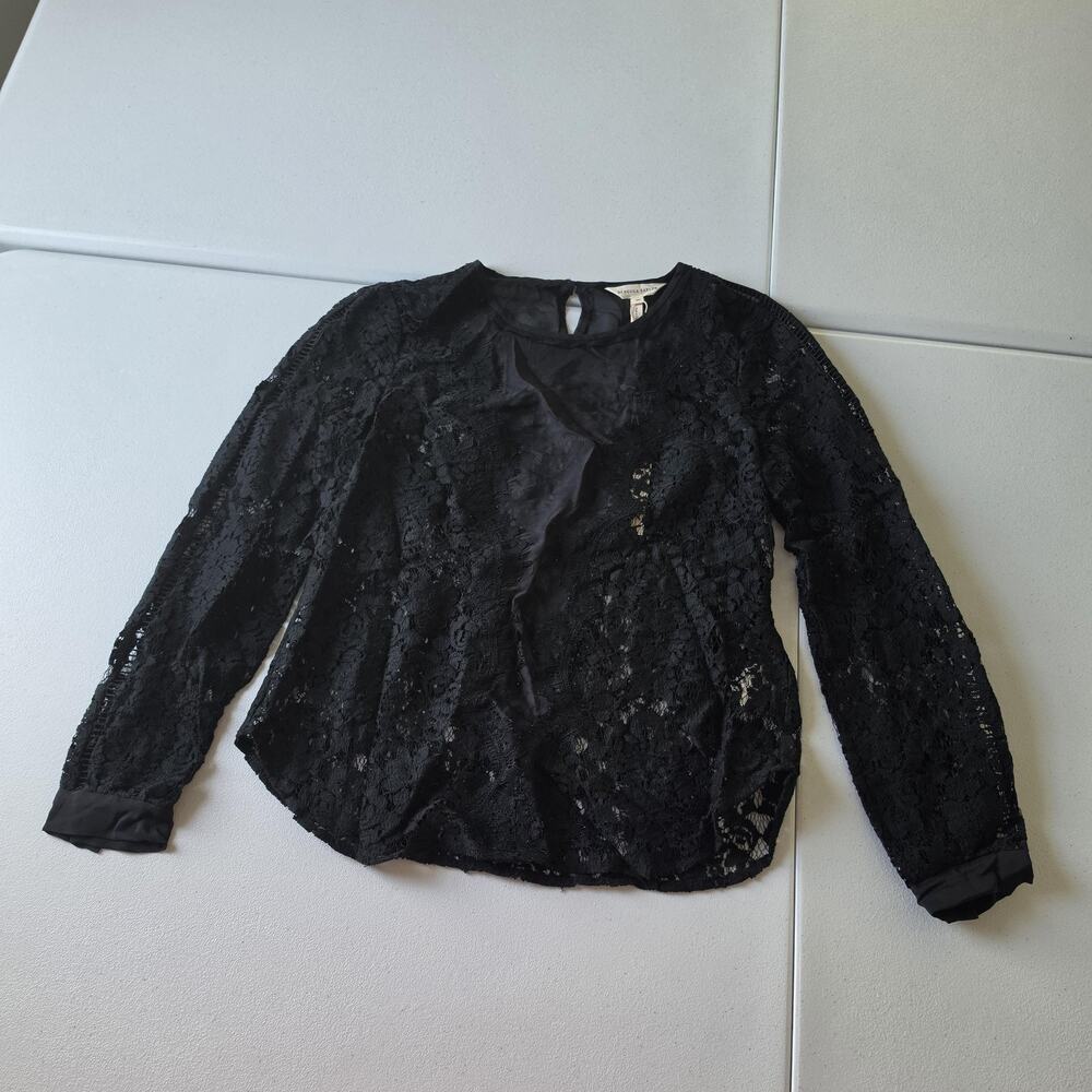 Rebecca Taylor Blouse Womens 00 Black Lace Long Sleeve Sheer Office Whimsigoth